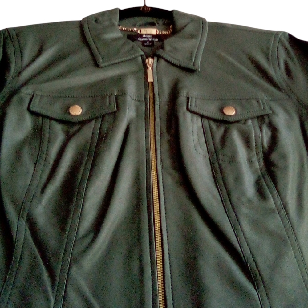 Dennis Basso Medium Green Faux Leather Moto Biker Grunge Zip Front Jacket Flaw